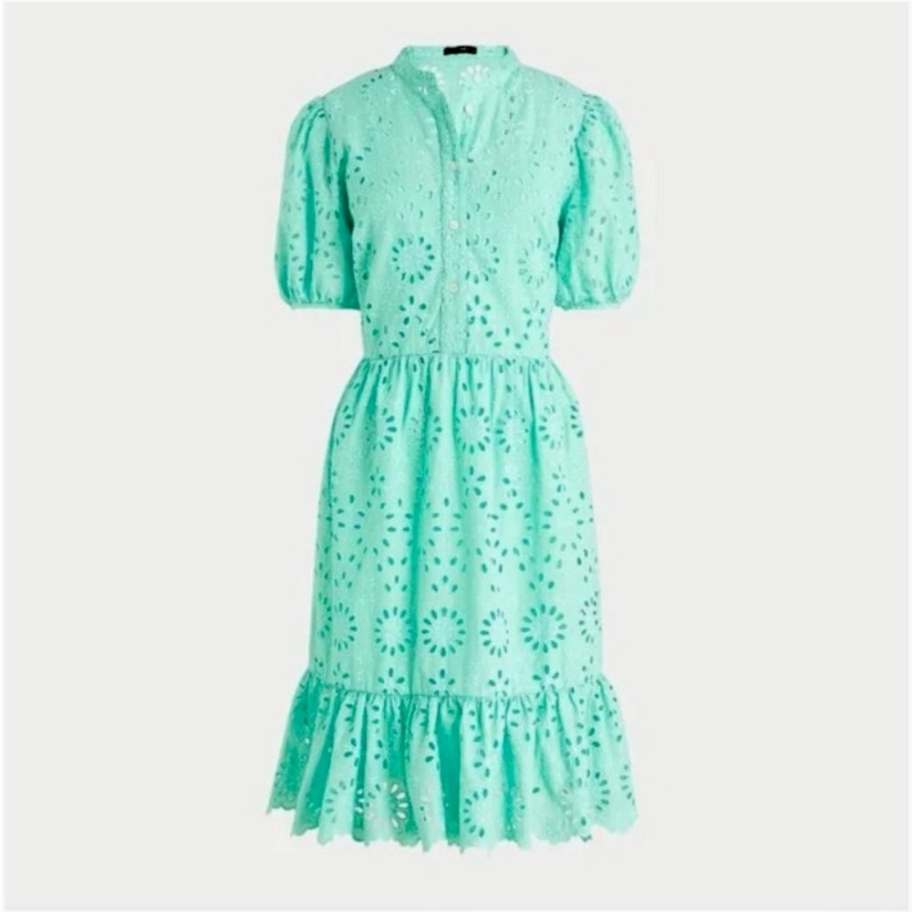 J Crew Puff-sleeve eyelet dress, Sun washed aqua, Petite size 6